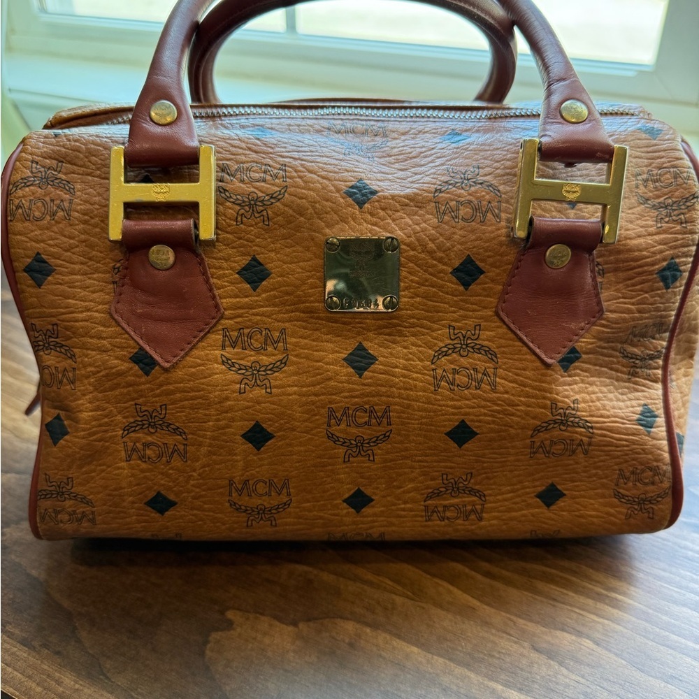 MCM Boston Leather cognac Visetos monogram print handbag
